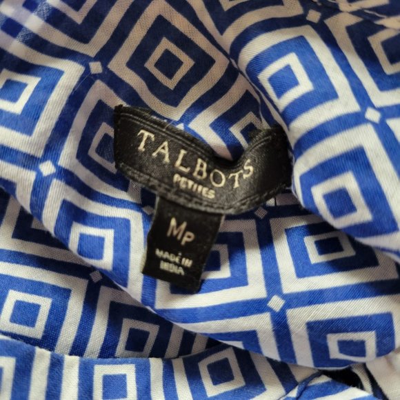 Talbots Petite MP Blue & White Geometric Print Top With Tassel Hem & 3/4 Sleeves - Picture 3 of 7